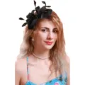 Black mesh fascinator detail with delicate feathers, elegant hair accessory for parties. - Black
