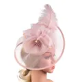 Elegant pink mesh feather fascinator hairpin with faux pearls, perfect for wedding party. - Nude Pink