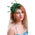 Detailed view of the elegant green fascinator with delicate feathers, perfect for party. - Dark Green