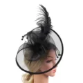 Close-up detail view of the elegant black mesh feather fascinator hat with delicate pearls. - Black