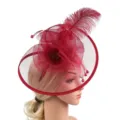 Red feather mesh fascinator detail, elegant floral hair accessory for party wedding performance. - Burgundy