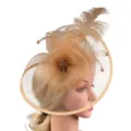 Champagne mesh feather fascinator hat with pearls for party wedding hair accessory detail. - Gold