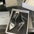Silver pointed transparent belt buckle stiletto mules stylish gorgeous crystal high heels. - 40 / Silver