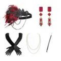 1920s Gatsby party costume accessories set featuring burgundy feather headband and pearl necklace. - Wine Red Set