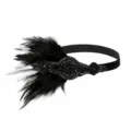 Detail shot of vintage 1920s black feather flapper headband with exquisite beaded decoration. - Black