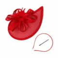 Red mesh fascinator hat detail, elegant feather accent, headband and hair clip included. - Red