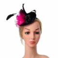 Black and pink fascinator hat with feathers and flower for party, wedding, and cocktail events. - Rose Red