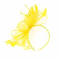 Yellow mesh feather fascinator headband elegant tea party hair accessory detail view - Yellow