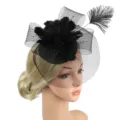 Elegant black feather fascinator hat with mesh veil, perfect for weddings, parties, and events. - Black