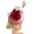 Burgundy feather fascinator hat with mesh and beads, perfect for weddings, parties, and events. - Burgundy