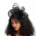 Black mesh fascinator hat detail view, elegant feather flower retro headwear for women - Black