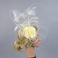 Elegant European wedding bridal veil fascinator hat with feather and flower for party events. - Off White