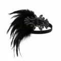 Vintage 1920s black feather headband with sparkling rhinestones and beaded detail for party. - All Black