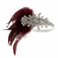 Vintage 1920s feather headband rhinestone flapper hair accessory for party stage performance. - Wine Red & Silver