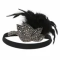 Close-up of vintage black beaded feather headband detail for Gatsby flapper party headwear. - Gun Black