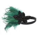 Vintage 1920s Gatsby feather headband with black beaded flower and green plumes for party. - Dark Green