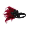 Vintage 1920s flapper feather headband with black rhinestone beaded flower for evening party. - Burgundy