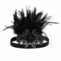 Vintage 1920s black feather headband flapper bead hair accessory for party and Halloween cosplay. - Black