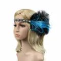 Vintage 1920s feather headband with crystal rhinestones and elastic band for women party. - Blue (HD5844)