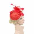 Red fascinator hat feather mesh pillbox hat bridal wedding party hair clip headwear - Red