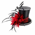 Halloween party mini top hat feather mesh hair clip gothic black red costume accessory detail - Black Hat Red Feather