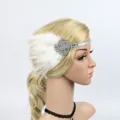 1920s vintage flapper feather headband rhinestone hair accessory detail view for party prom - White