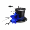 Close-up detail of black mini top hat featuring vibrant blue feathers and elegant black mesh veil. - Black Hat Blue Feather