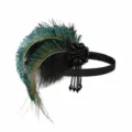 1920s vintage feather headband flapper hair accessory with peacock feathers and black beads. - Green