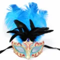 Masquerade feather mask for party halloween costume, blue and black feathers with gem decoration. - Lake Blue