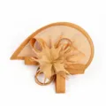 Vintage mesh fascinator hat with feathers and bow, elegant tea party headwear for women. - Gold