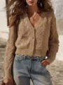 Cable knit cropped V-neck cardigan for women, stylish holiday wear top with button details. - S / Tops / Khaki
