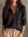 Detail view of women half-zip ribbed knit sweater, long sleeve slim fit pullover for autumn. - Black