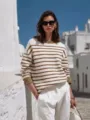 Casual striped crewneck knit top with contrasting cuffs, lazy style fashion apparel for daily wear. - S / Khaki