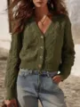 Olive green V-neck cable knit cardigan button down cropped sweater for women trendy fall casual. - S / Tops / Olive Green