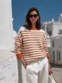 Casual striped knit sweater featuring contrast cuffs and relaxed fit for daily wear. - S / Orange
