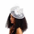 Elegant white mesh fascinator hat detail, perfect derby headpiece for women vintage events. - White