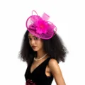 Fashion pink fascinator mesh hat for women, elegant tea party wedding bridal hair accessories. - Rose Red
