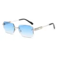 Men's fashion polygon rimless sunglasses with blue gradient lenses and ornate metal temples. - Silver Frame Blue Gradient