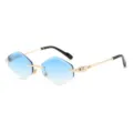 Gradient blue rimless polygonal sunglasses with chic golden frames and detailed temples. - Gold Frame Blue Gradient
