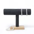Black velvet t-bar bracelet display stand with wooden base for jewelry retail showcase - Cylinder 23x5x17.5cm / Gray