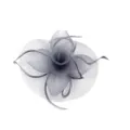 Grey mesh flower feather headpiece detail, elegant bridal veil hair accessory for stage show. - Gray