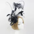 Elegant black feather fascinator hat with veil, perfect for wedding, party and banquets. - Black
