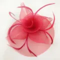 Stunning red mesh floral fascinator headband with feathers for bridal party and stage wear. - Red