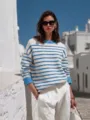 Casual striped crewneck knit sweater with contrast cuffs for women, stylish and cozy daily wear. - S / Sky Blue