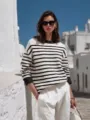 Detailed shot of casual striped knit top with contrasting cuffs and classic crewneck. - S / Black