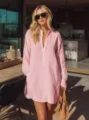 Chemise tunique Henley rose à manches longues, haut ample décontracté pour femmes. - S / Rose