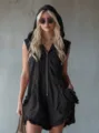Detail shot of a black sleeveless hooded linen-blend romper with front zipper and pockets. - S / Set / Black