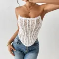 White lace strapless corset top for women, sexy sweetheart neckline summer bustier streetwear. - S / White
