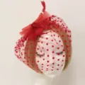 Red mesh fascinator veil headpiece with feather and pearl for wedding bridal party. - Red