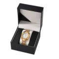 Luxury gold quartz watch with metal band displayed in elegant black gift box for men women - Black